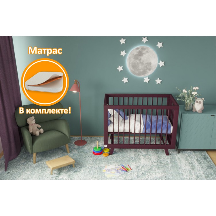 Кроватка для новорожденного Lillaland (приставная) - модель Lilla Aria Italian Plum + Матрас DreamTex 120х60 см