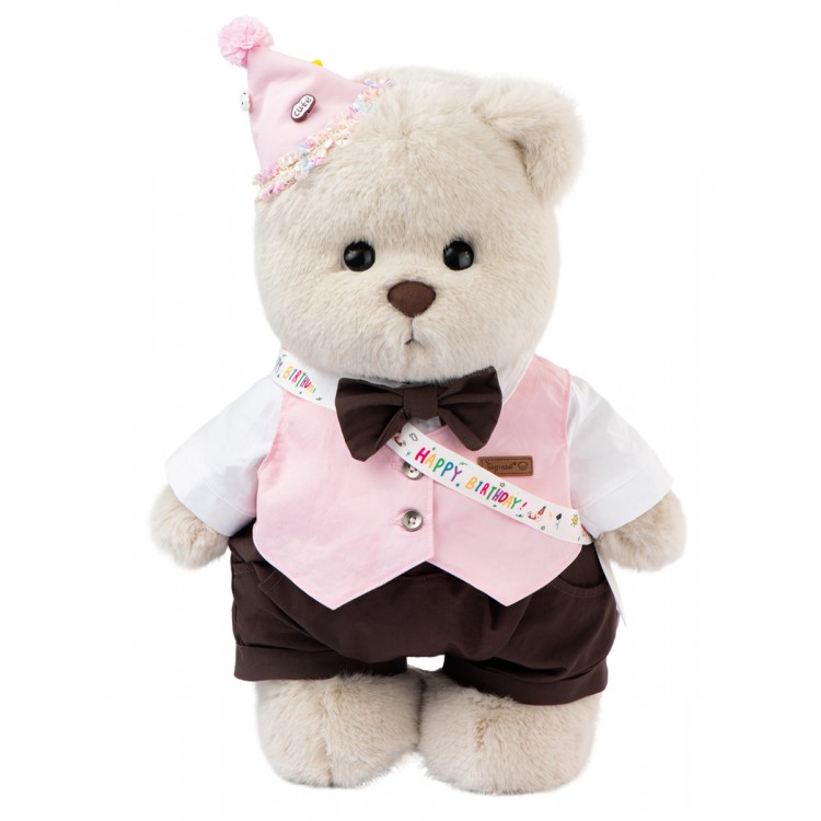 Lina Медведь мальчик С днем рождения (длинная шерсть) L (±38 см) молочный цвет